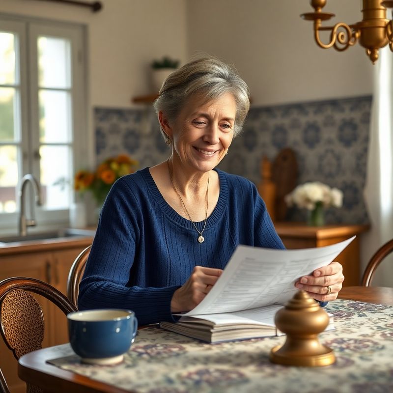 Usměvavá žena kolem 60 let čte tištěný příjmový plán u kuchyňského stolu