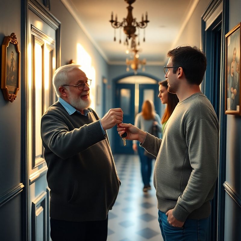 Starší muž předává klíč od domu mladšímu dospělému v prosluněné chodbě